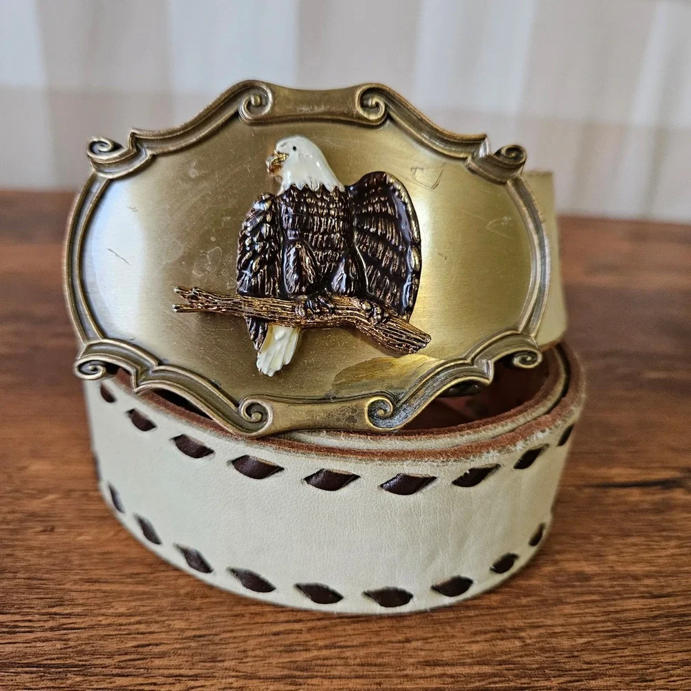 Vtg 70s 1978 Raintree Eagle Belt Buckle White Woven Western Leather Belt Size 32